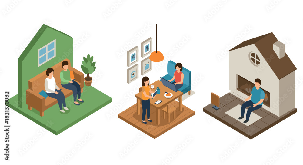 Fototapeta premium Isometric family life: relaxing at home with cozy spaces and daily activities