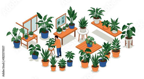 Isometric indoor garden with potted plants and gardener in cozy room setting