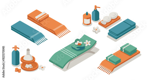 Isometric spa essentials: towels, massage table, and relaxation items in calm colors