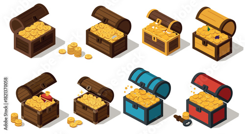 Isometric treasure chests with gold coins in various colors and designs