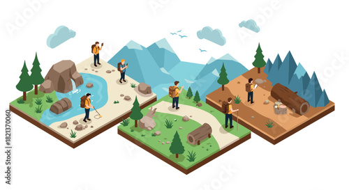 Isometric hiking adventure in nature landscapes with travelers and scenic views