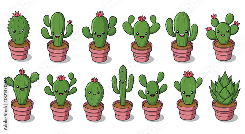 Cute cartoon cactus collection in pots with happy faces and flowers