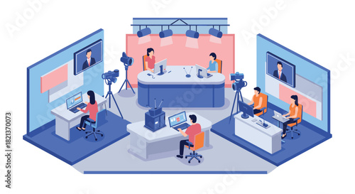 Modern broadcast studio with journalists and cameramen in isometric design