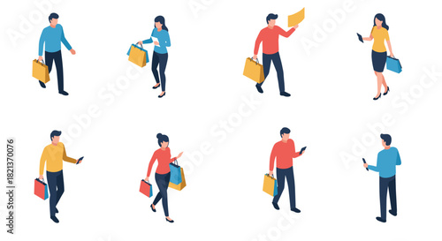 Isometric shopping scene: people with bags using smartphones and walking