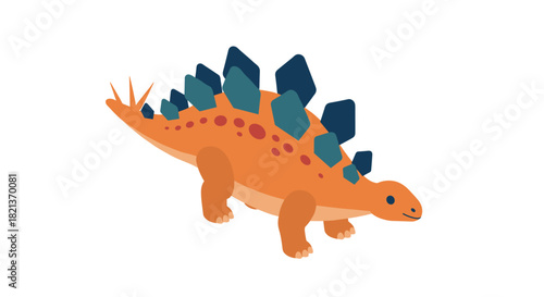 Cute flat stegosaurus cartoon with blue plates and orange body on white background