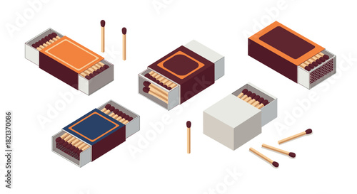 Isometric matchboxes with matches on white background