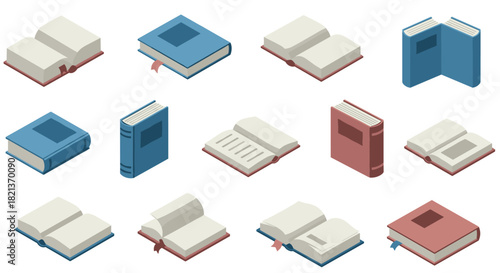 Isometric collection of open and closed books in blue and red tones