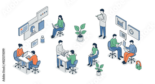 Isometric office team working with technology and social distancing