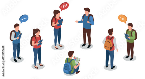 Students engaging in conversations with digital devices on campus