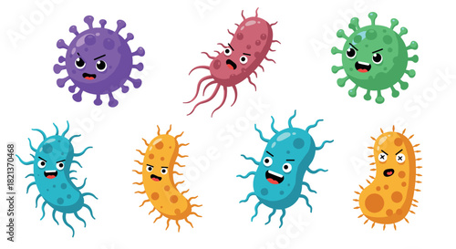 Cartoon style angry bacteria characters: colorful microbes with expressions