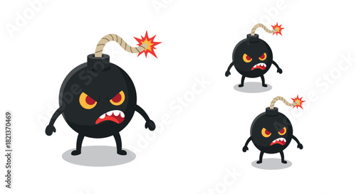Cartoon angry bomb character with fuse and explosive expression in 3d style