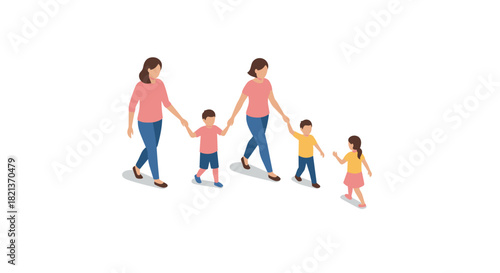 Isometric family strolling: mothers and children walking outdoors in casual outfits