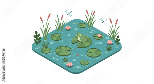 Isometric frog pond scene with lily pads and dragonflies