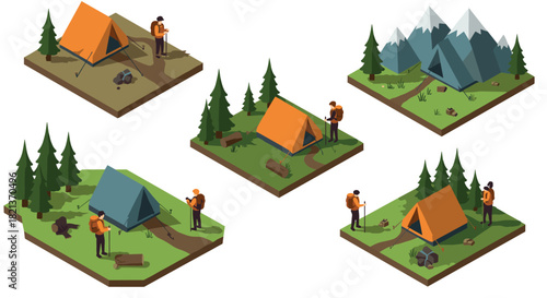 Outdoor adventure: isometric camping scenes with tents and hikers in nature