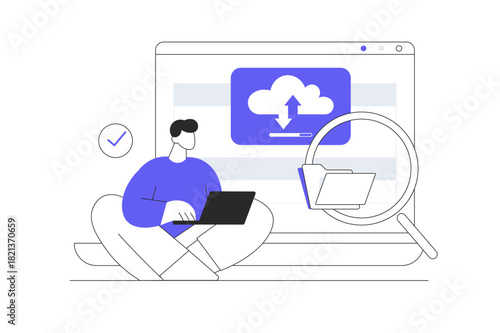 Document management, file transferring, cloud computing. Uploading, internet hosting, online digital file storage system. Flat Cartoon Vector Illustration, icon Stylish abstract design landing page 
