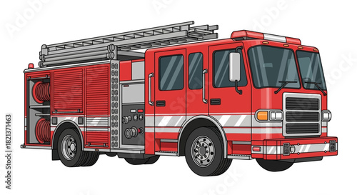 A vibrant illustration of a red fire truck, ready for emergency response, with ladders.