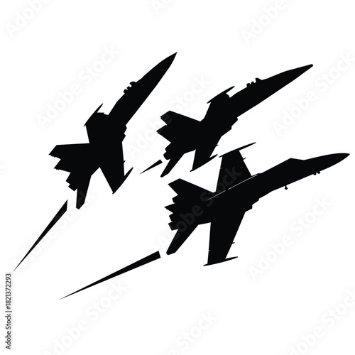 Military fighter jet silhouette formation. Air force aircraft flying with contrails. Supersonic combat plane vector illustration.
