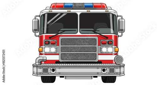 Front view illustration of a red and white fire engine with lights and sirens.
