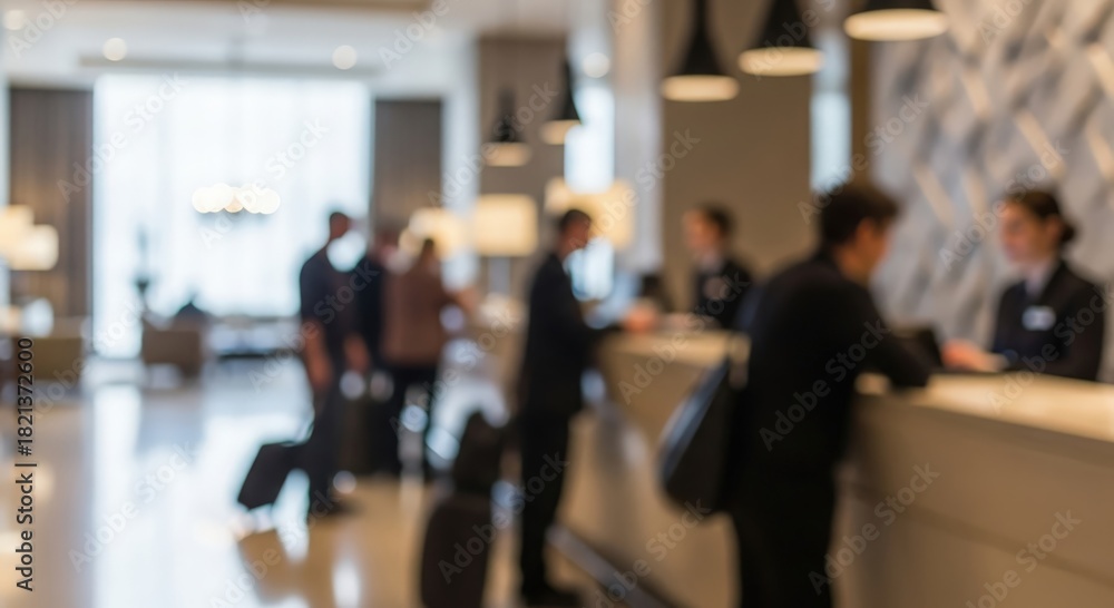 Fototapeta premium Hotel Reception Blur – Out-of-focus guests interacting with front desk staff