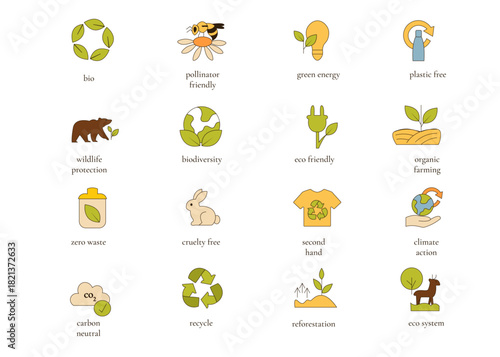 Eco Sustainability Icons Color :Bio, Pollinator friendly, Green energy, Plastic free, Wildlife, Biodiversity, Eco friendly, Organic farming, Zero waste, Cruelty free, Second hand, Climate action. 