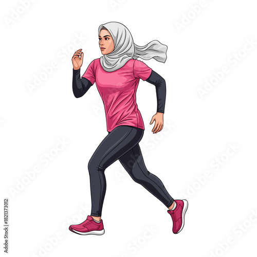 A woman wearing a hijab is jogging