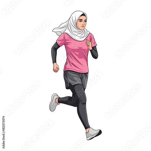 A woman wearing a hijab is jogging
