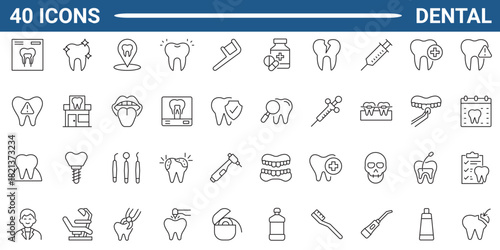 Dental line icon set. Includes tooth, dentistry, toothpaste, toothbrush, dentist, teeth, and implant. Editable stroke. Vector illustration