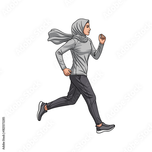 A woman wearing a hijab is jogging
