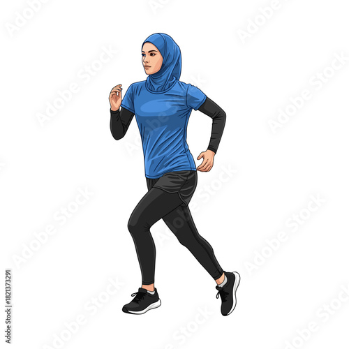 A woman wearing a hijab is jogging