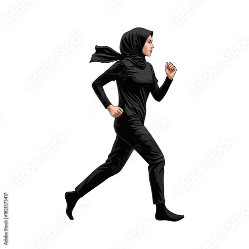 A woman wearing a hijab is jogging
