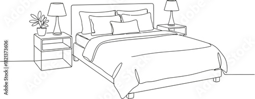 Cozy Bedroom Continuous Line Art - Minimalist Bed, Nightstands, Lamps.
