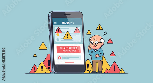 Elderly person confused by fake banking app warnings on smartphone, digital fraud awareness and online security