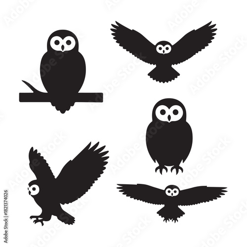Black Owl Silhouettes in Flight and Perching Poses