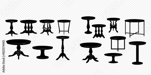 Silhouettes of various round and oval tables with different leg designs, including pedestal, tripod, and framed styles, isolated on a transparent background.