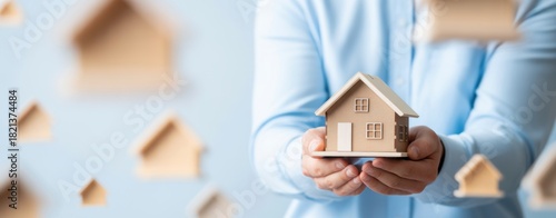 Hand's House Model: A person, holding a miniature house, symbolizes the concept of property, homeownership, real estate, and the dream of owning a residence.