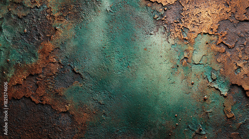 A close-up shot of a textured, weathered, and rusted metal surface with an artistic look. The combination of green and brown hues creates a unique aesthetic