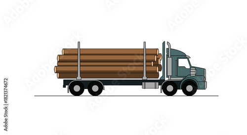 Truck transporting wooden logs on white background  