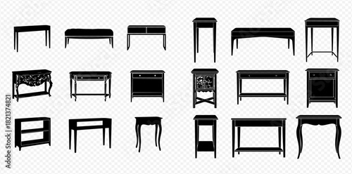 Collection of various black silhouette tables and console furniture.