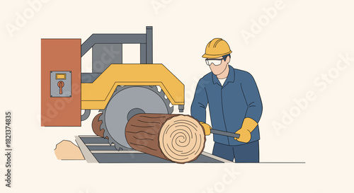 Worker operating a sawmill machine with wooden log for processing  