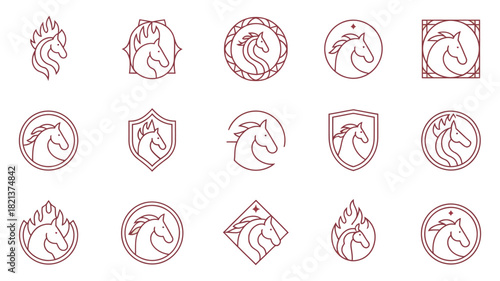 Chinese Zodiac Year of the Horse Logos and Crests in Line Art Style