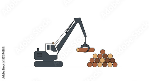 Timber  crane lifting logs from stacked wood in industrial environment  