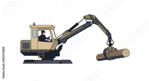 Excavator lifting log with operator in construction environment  