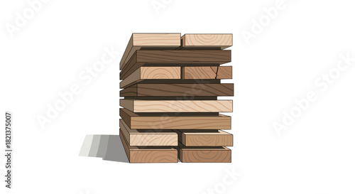 Stacked wooden planks in various shades on neutral background  