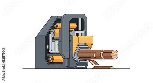 Log debarking machine with logs and mechanical components  