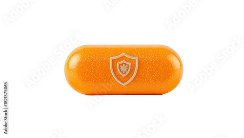 An orange, capsule-shaped object features a shield icon with a virus symbol, representing immunity, health protection, or antivirus defense. background removed