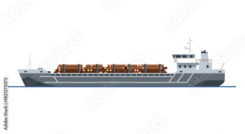 Cargo ship transporting logs across calm ocean waters  