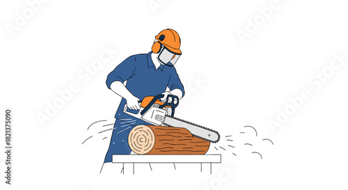 Man using chainsaw to cut wood log in outdoor setting  