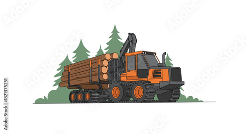 Log truck transporting timber through forest with green trees  