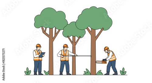Tree removal workers cutting trees in forest environment  