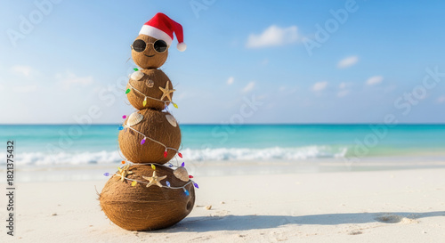 Tropical Christmas tree made of coconuts on beach, holiday decoration and summer festive spirit